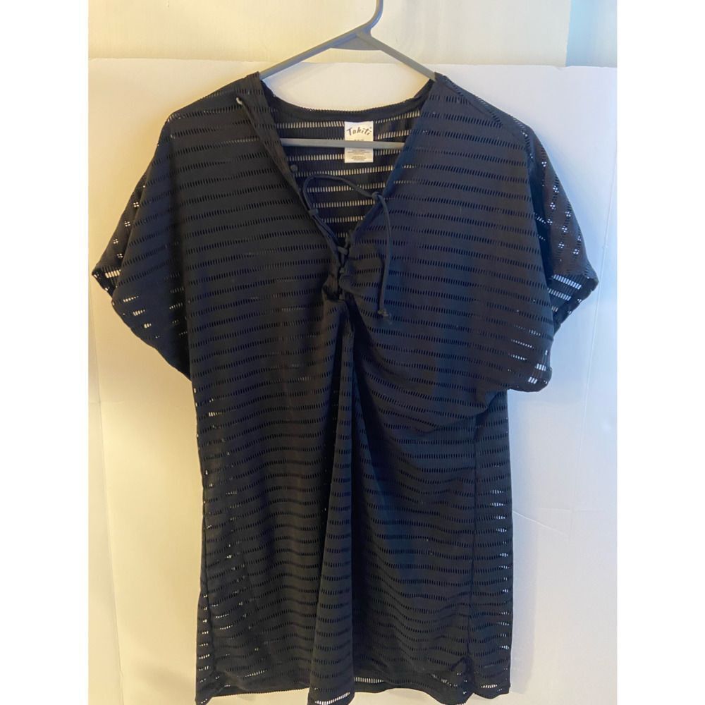 Tahiti swim coverup black ribbed stripes‎ medium